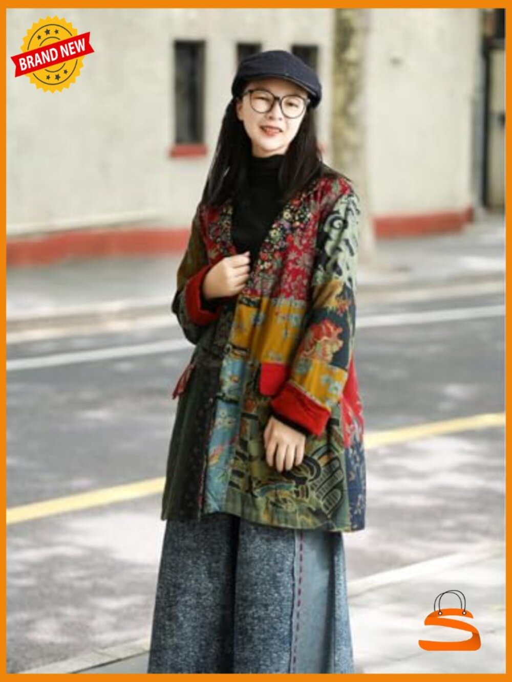Patchwork Duster Coat, Handmade Frog Button Cotton Linen Bohemian Blazer - Picture 5 of 7